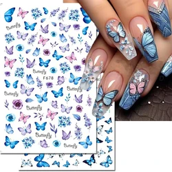 3d Nail Art Decals Blue Purple Butterflys Blossom Blue Flowers Leaves Stickers For Nails Art Manicures Tips Decorations