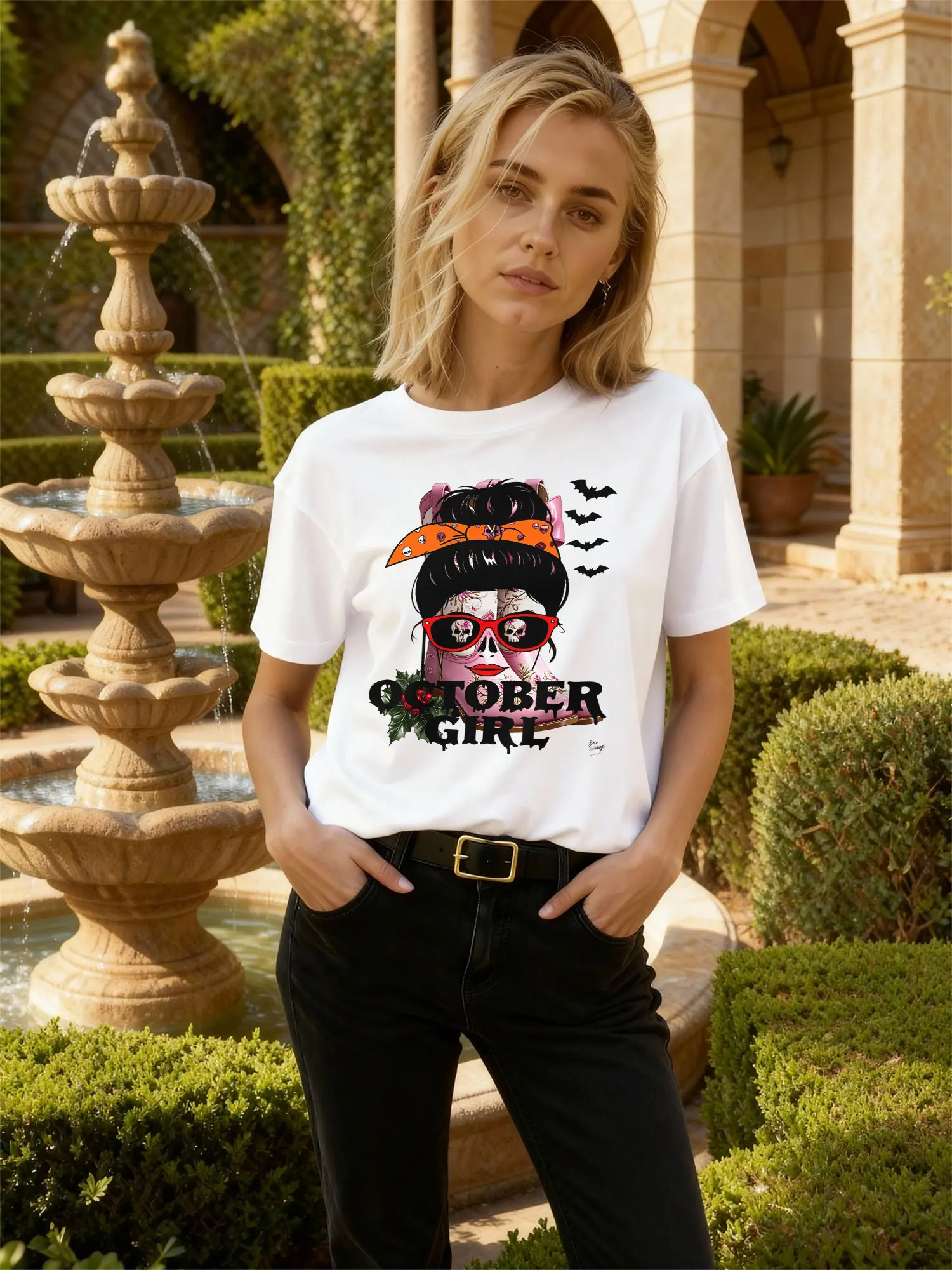 Camiseta blanca para mujer, camiseta informal con estampado de Halloween Sugar Skull Girl October Girl, traje para fiesta de disfraces y festivales de otoño