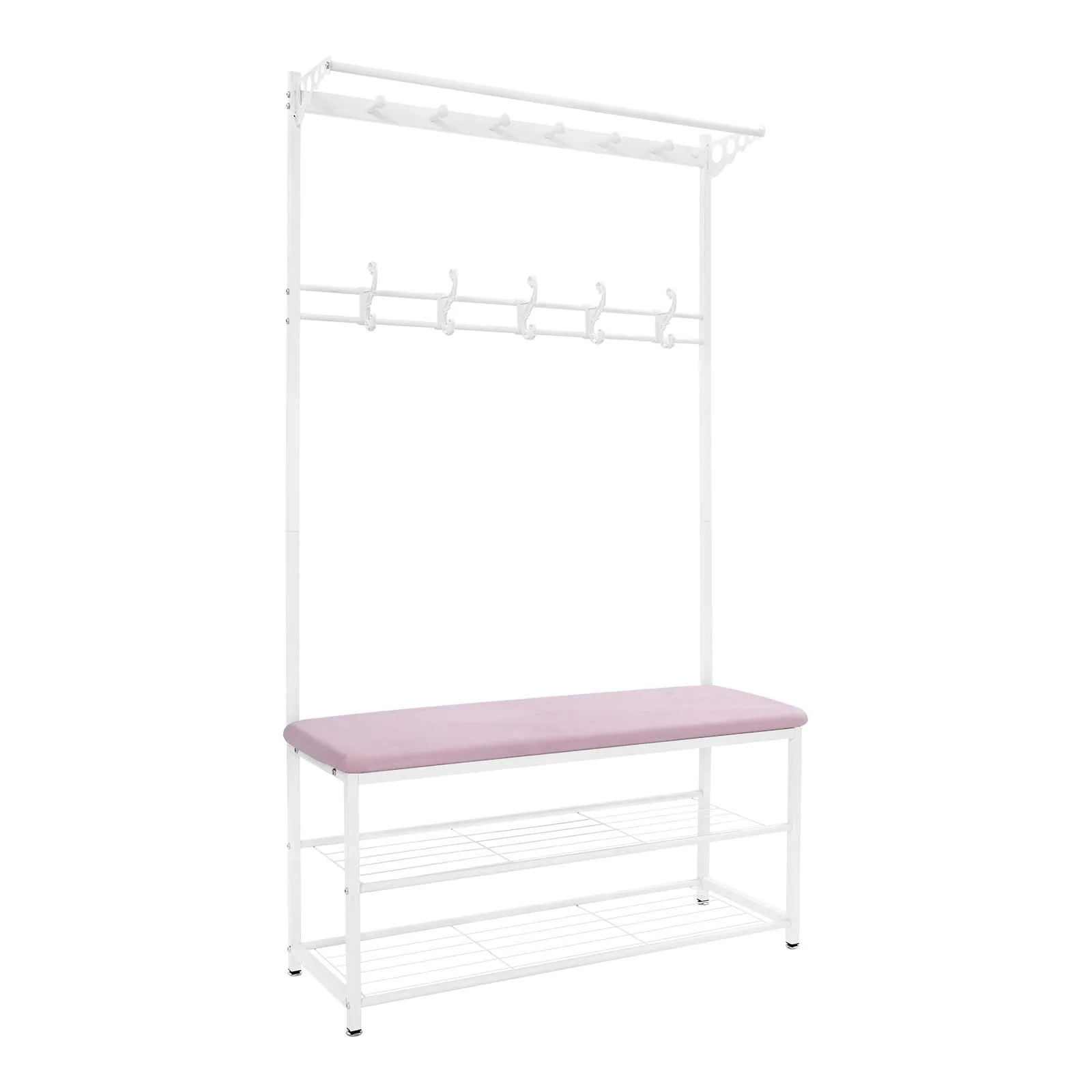 Vrijstaande kapstokstandaard en schoenenrek met bank van 100 cm |   Opbergbank voor schoenen met 2 planken |   Zwart/Blauw/Grijs/Roze