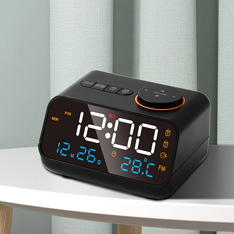 

LED Voice-activated Radio Alarm Clock Temperature Humidity 12h/24h Switching USB Charging Electronic Wake Up Digital Clock