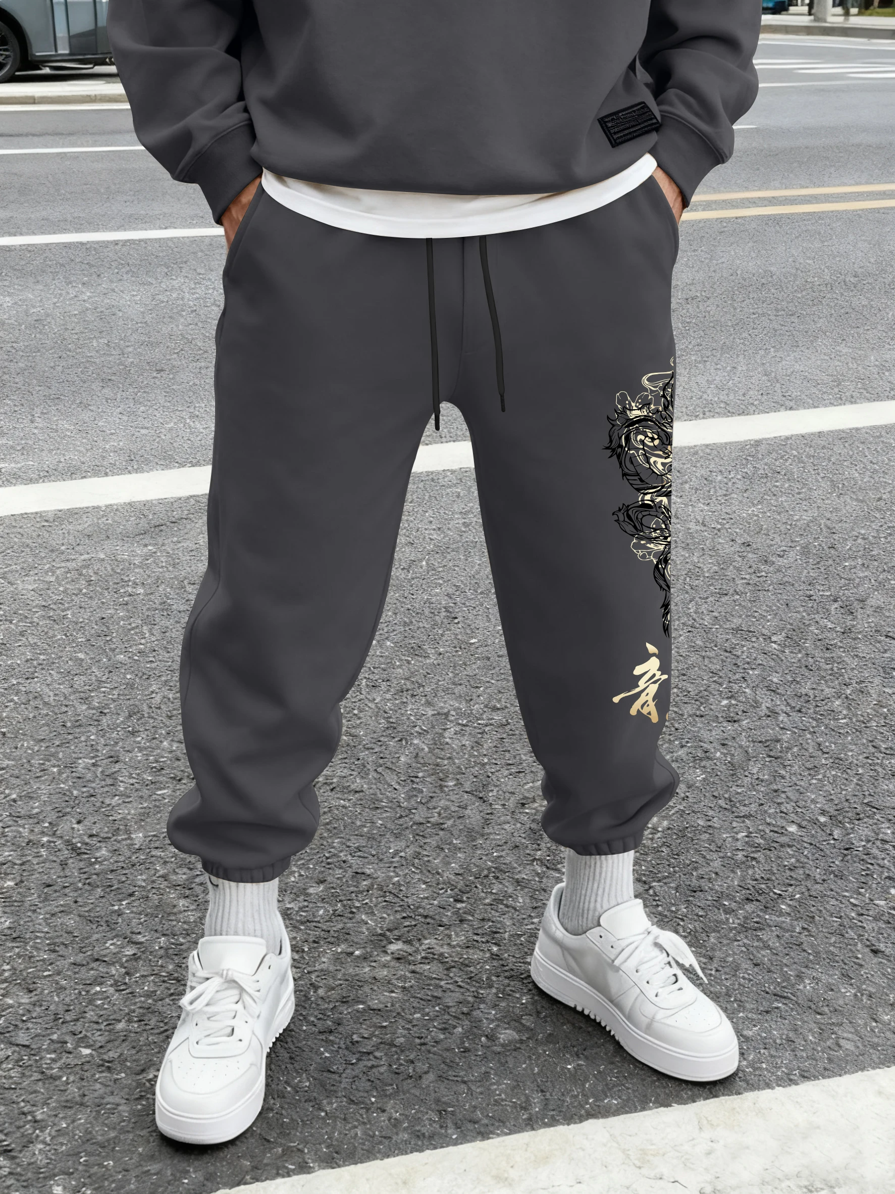 Men's Streetwear Gold Ink Chinese Dragon Calligraphy Print Sweatpants Elastic Waist Soft Fabric Daily Hip Hop Street Joggers