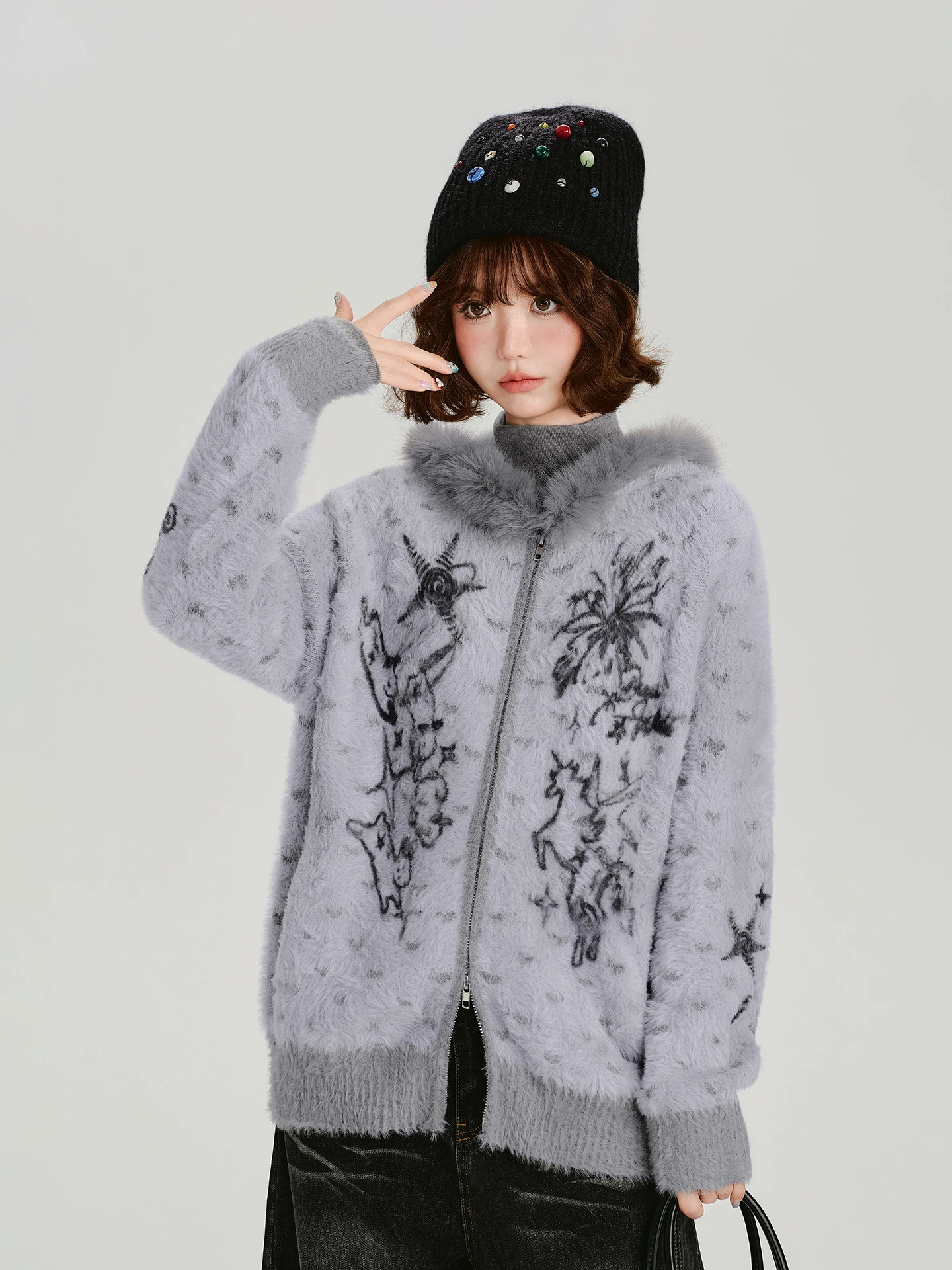 

Girly American Retro Floral Soft Faux Fur Sweater Coat Women's Autumn Winter New Sle Warm Loose Open Cardigan