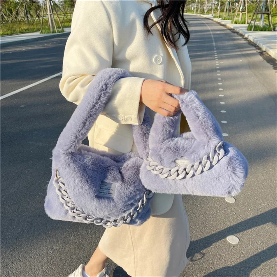 Fashion Chain Women's Faux Fur Totes Warm Furry Plush Shoulder Bags 2 Size Purse and Handbags Luxury Brand Winter Top-handle Bag