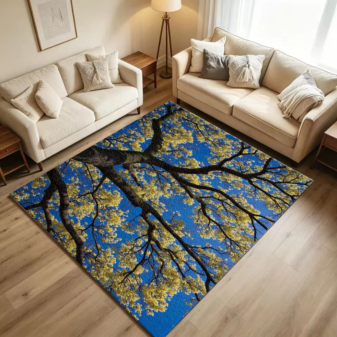 Spring Yellow Blossom Tree Nature Carpet Flooring Blue Sky Forest Branches Floral Scenery Printed Floor Rug for Household Indoor Natural Style Home Decor