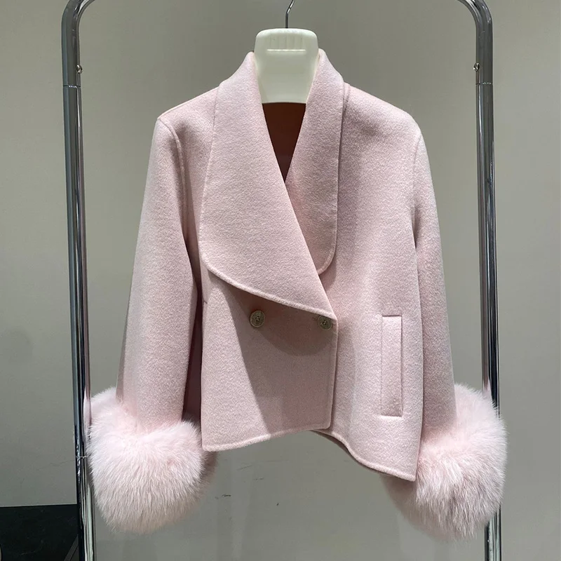 New Double-sided Wool Coat Women Short Loose Fox Fur Cuff Slim Warm Lapel Long Sleeve Soft Fur Coats Female Fit Autumn Winter