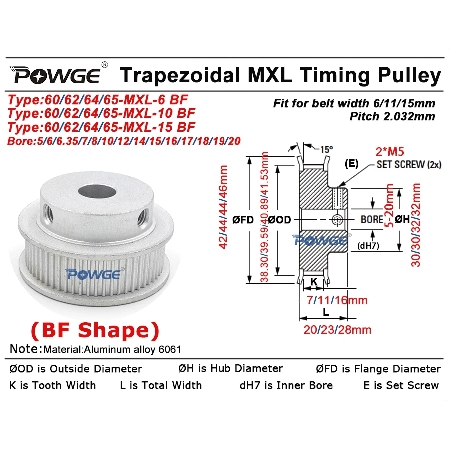POWGE Trapezoidal 65 64 62 60 teeth MXL Timing Pulley Bore 5-15mm for belt width 6/10/15mm 60T 62T 64T 65T 60Teeth 65teeth
