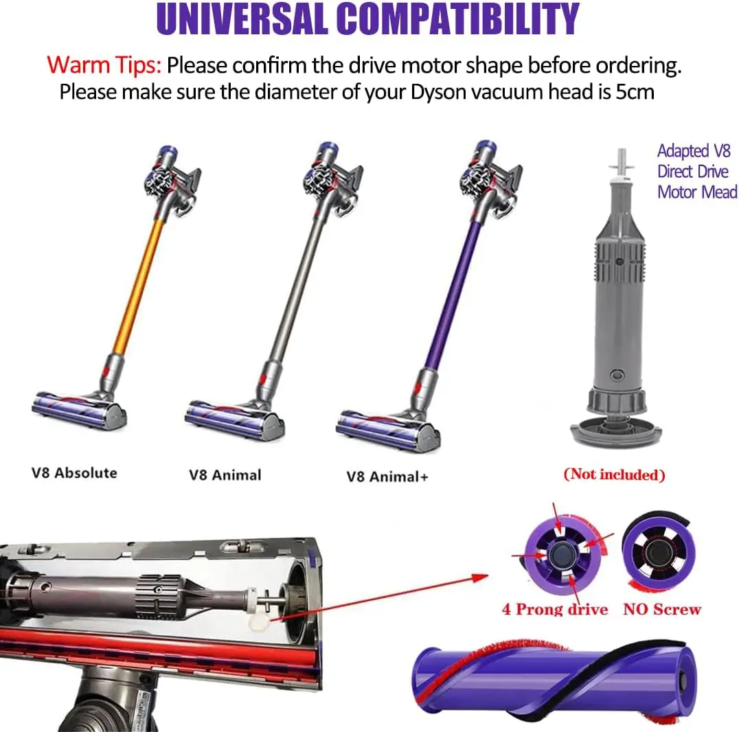 Replacement Brush Roller for Dyson V8 Cordless Vacuum Cleaner Brush Bar Assembly (4 Prong Drives & No Screw)