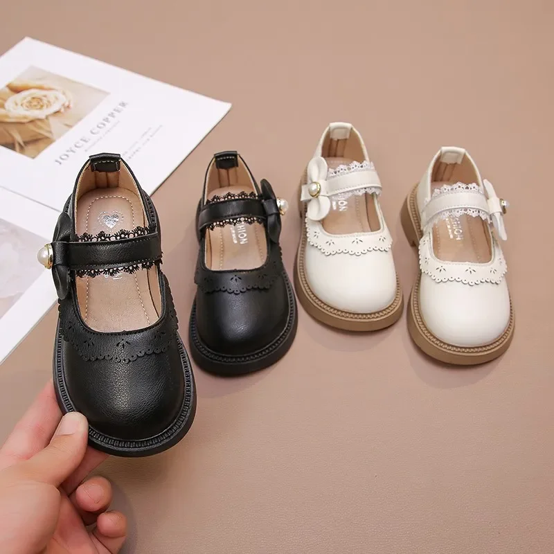 2024 Children Leather Shoes for Girls Autumn New Fashion Soft Comfortable French Style Anti-slippery Princess Elegant Lace Flats