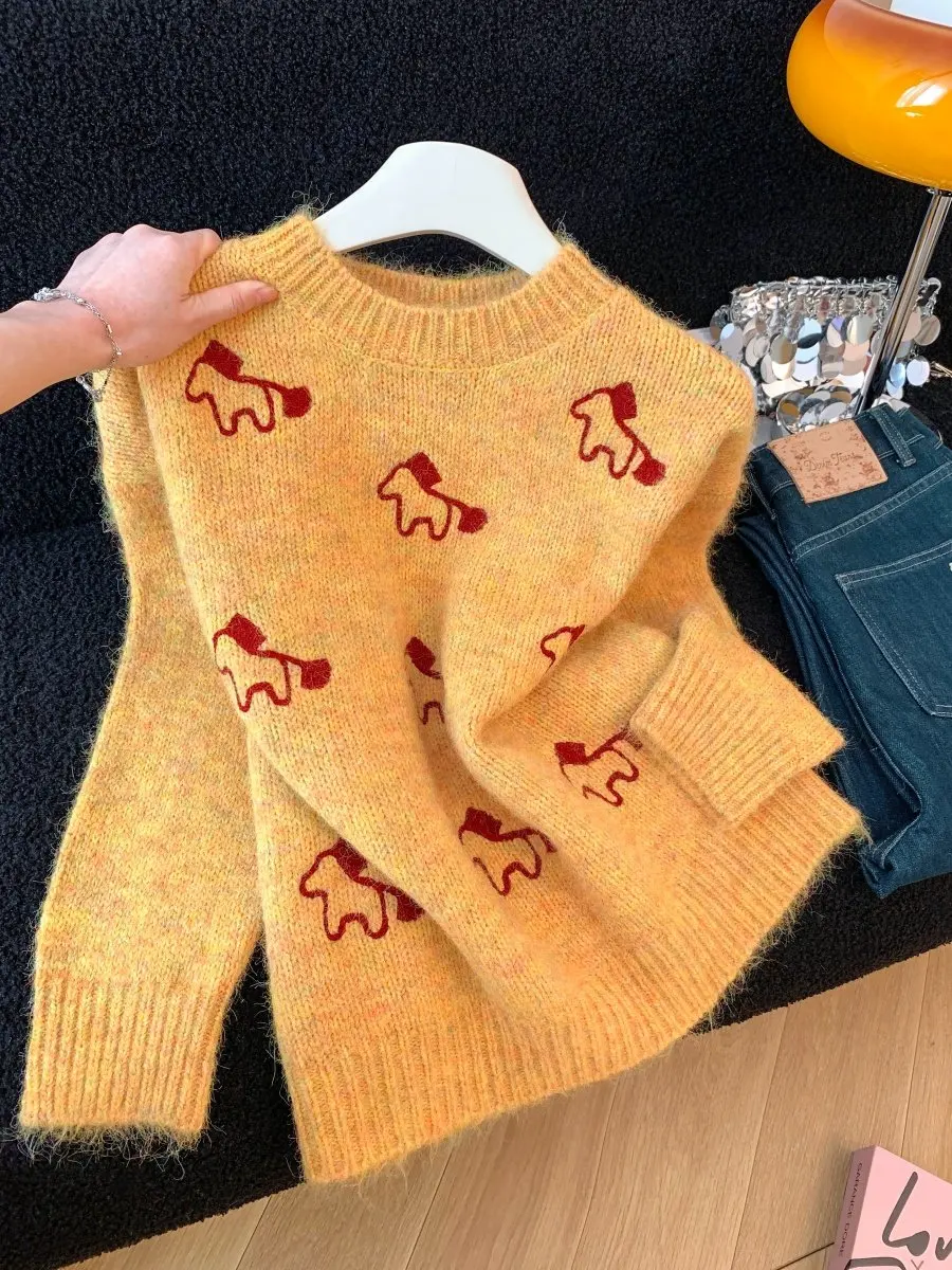 

Корейский вязаный свитер свободного кроя с мультяшным принтом, женский, осенне-зимний, универсальный, длинный, модный топ