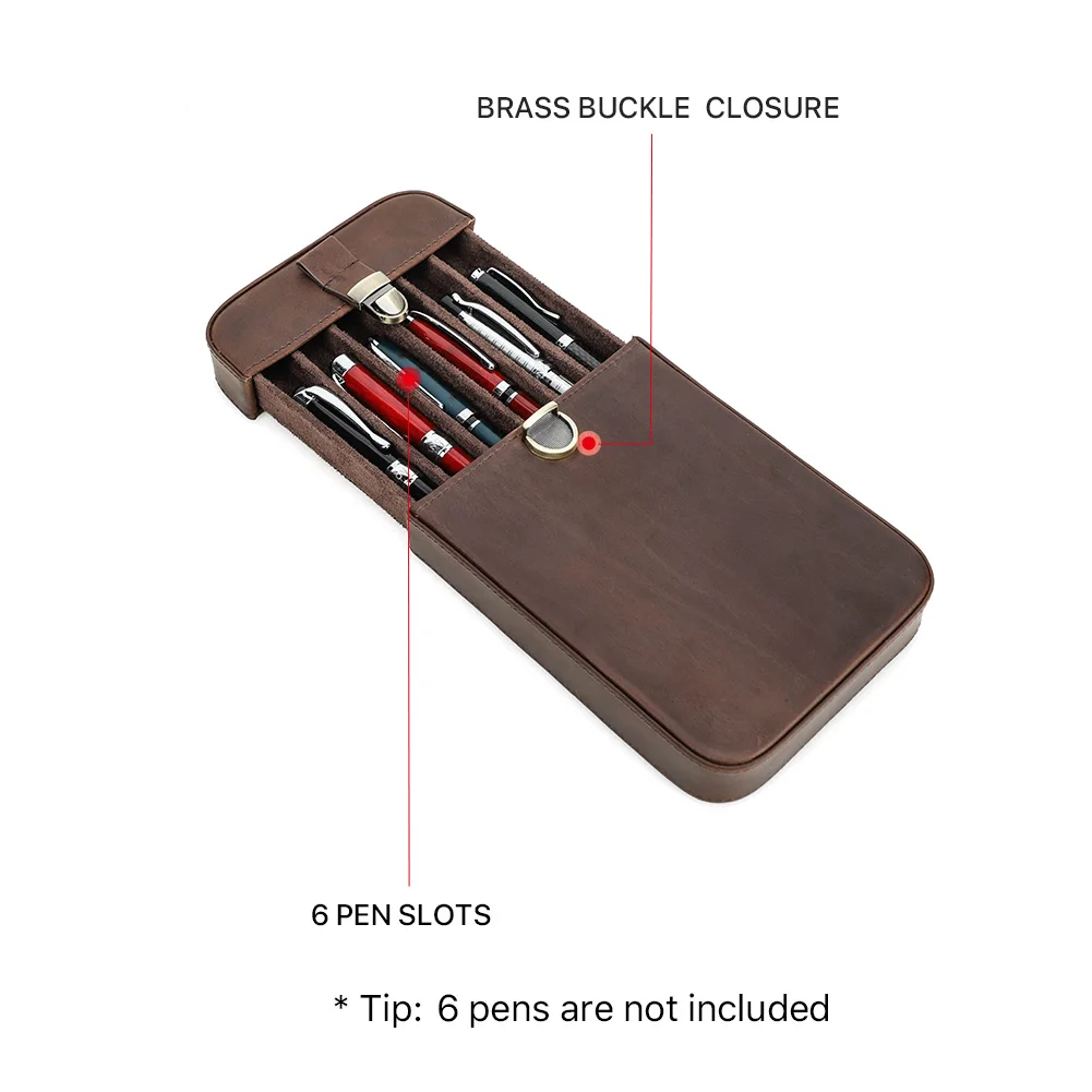 Retro Genuine Leather 6 Slots Pen Case With Removable Pen Tray Holder Metal Decorative Office School Pouch Creative Pencil Case