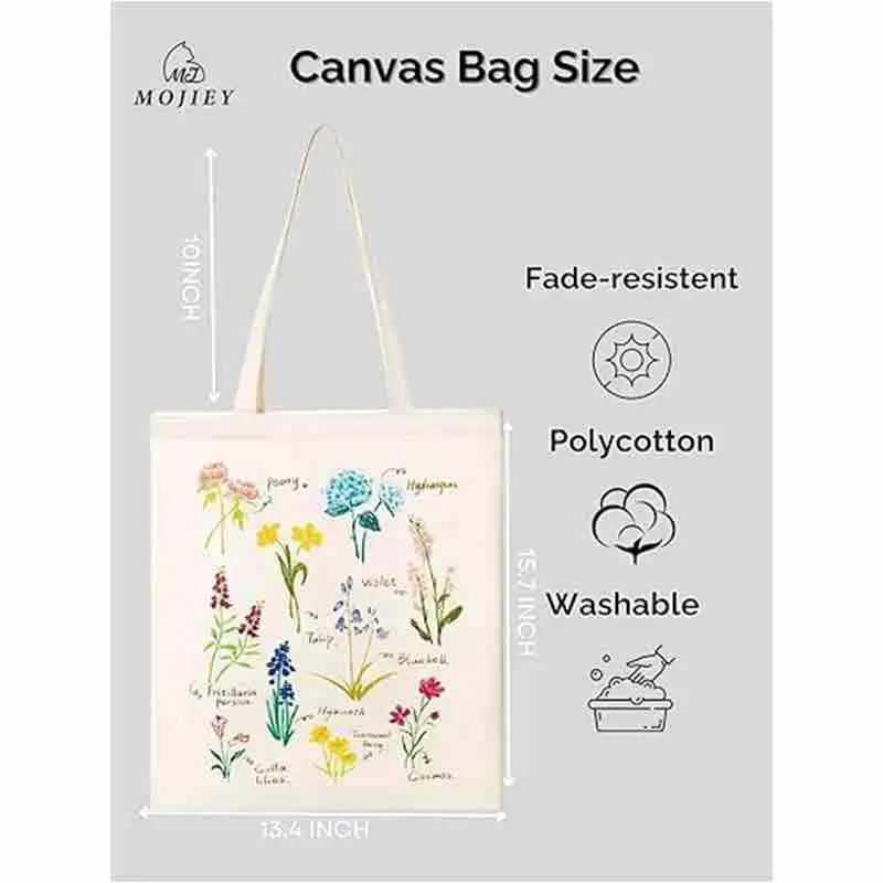 LXB02 Floral Canvas Tote Bags, Aesthetic Plant Canvas Bags with Zipper