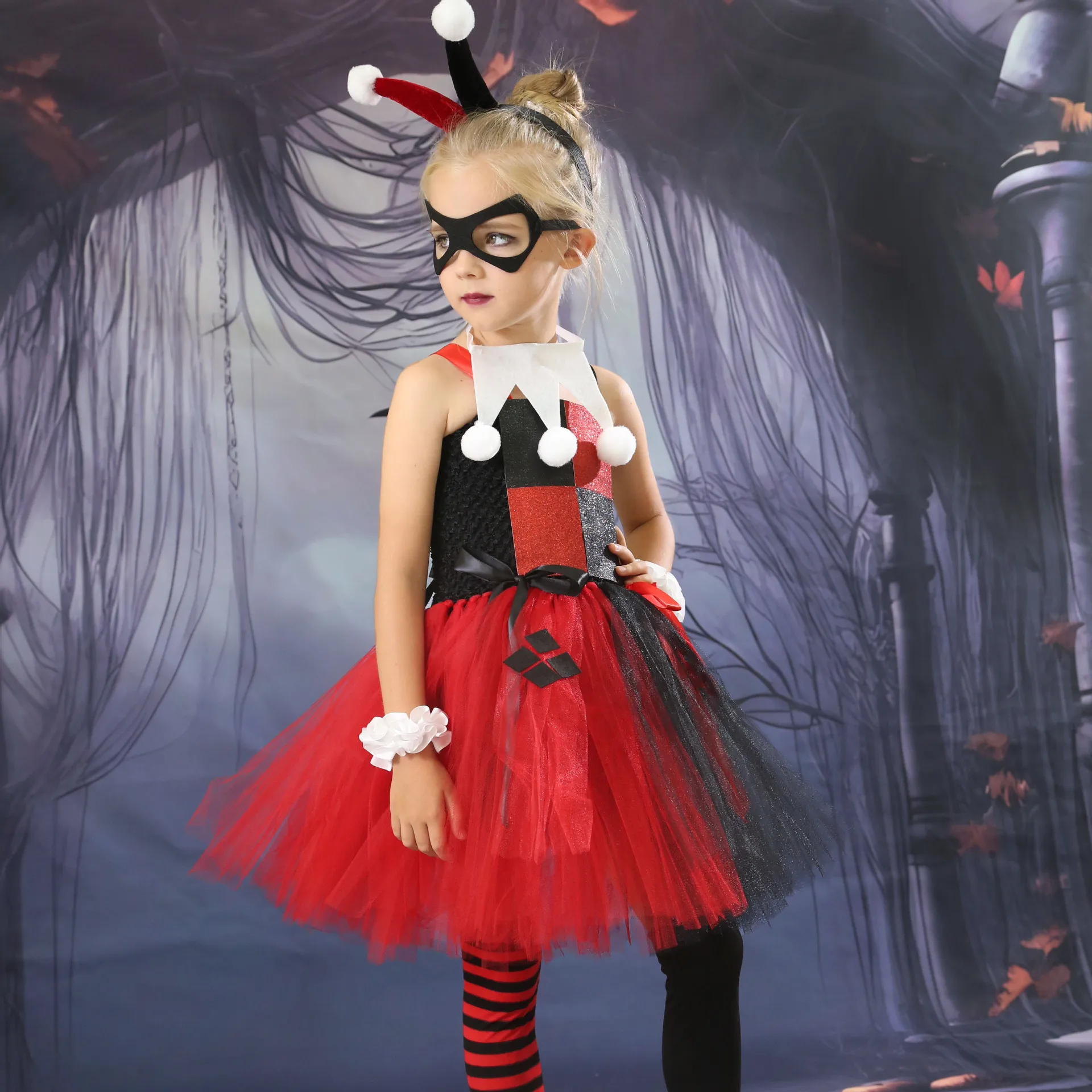 2024 Girls Clown Joker Costume Kids Cruella De Vil Fancy Dress Birthday Children Tutu Dress Halloween Villain Fantasy Cosplay