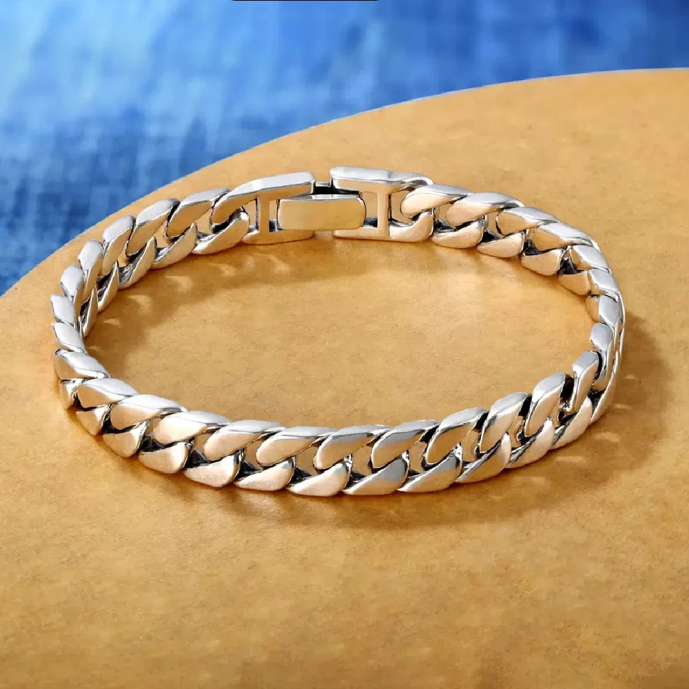 100% S925 Sterling Silver Handmade 7MM 8MM Retro Cuban Trend Rough Style Personality Man Woman Pure S925 Silver Bracelet Jewelry