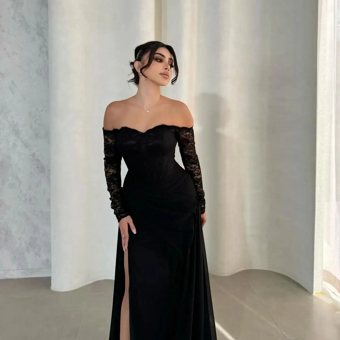 Adeli Elegant Black Off Shoulder Prom Gown Women Lace Chiffon Evening Dress Floor Length customized Special Occasion Dresses