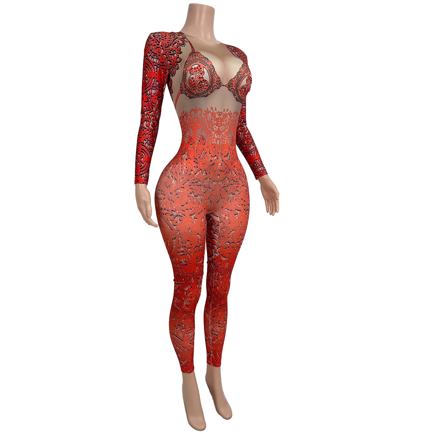 레드 패턴 라인스톤 무대 공연 점프수트 여성 드랙퀸 페스티벌 의상 클럽 의상 스판덱스 롬퍼 댄스 플레이수트