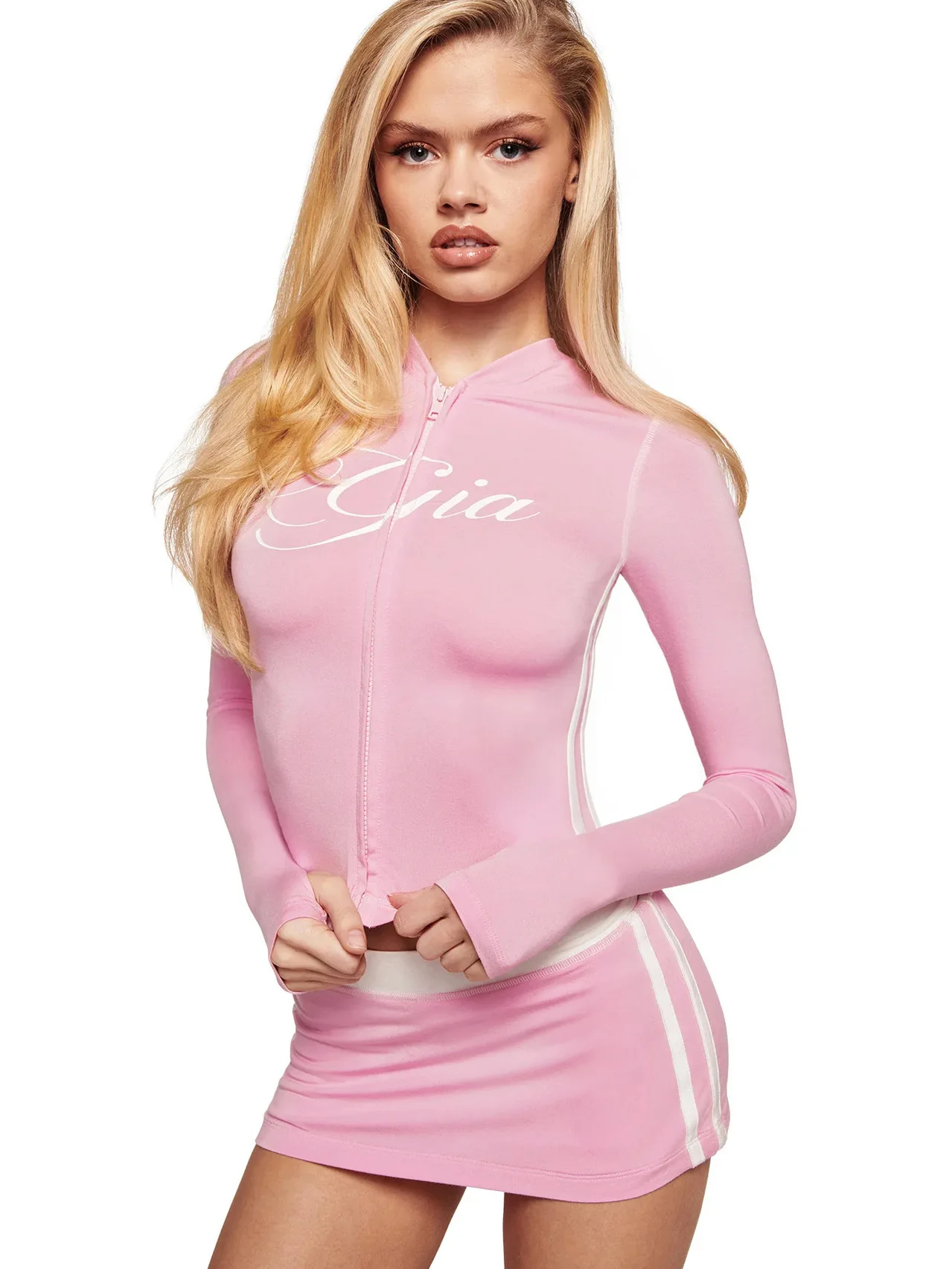 

IIA Spring Fashion Long Sleeve Hooded Cardigan Pink And White Color Block Versatile Short Style Sporty Look Women's Outerwear