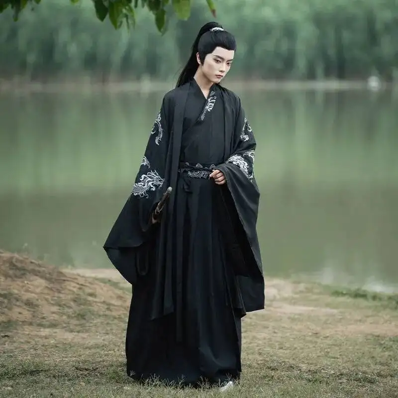 Large Size 3XL Chinese Hanfu Men Carnival Archers Cosplay Costume Ancient Hanfu Black Shirt+Skirt+Coat Set For Men Plus Size