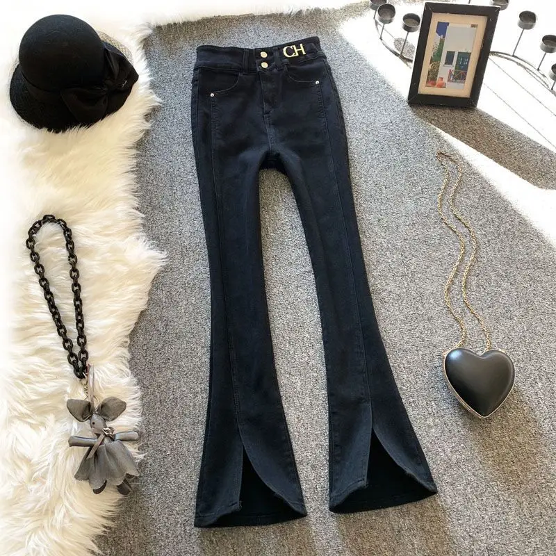 

Black Jeans Women 2023 Spring Small New Fried Street Slim Elastic High Waist Slim Slit Micro Cropped Pants jeans woman