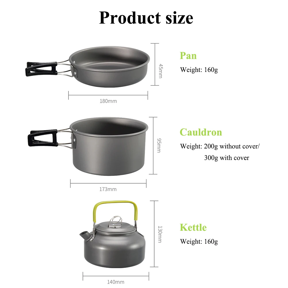 Kit de panelas de acampamento, conjunto de panelas de acampamento para 2-3 pessoas, panela e frigideiras antiaderentes, panelas leves e portáteis ao ar livre