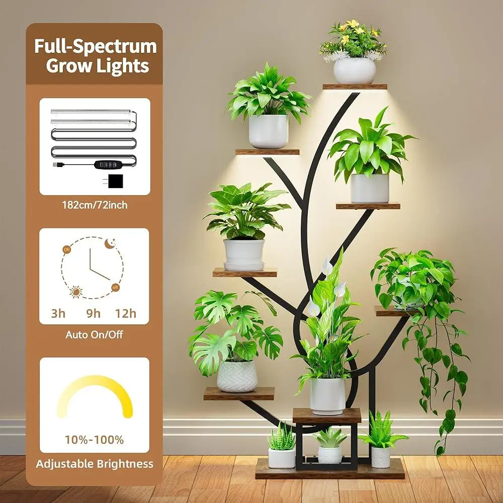Indoor Plant Stand with Grow Lights 8 Tier Metal Plant Shelf Corner Display Rack Sturdy Structure Easy Assembly Home Decor