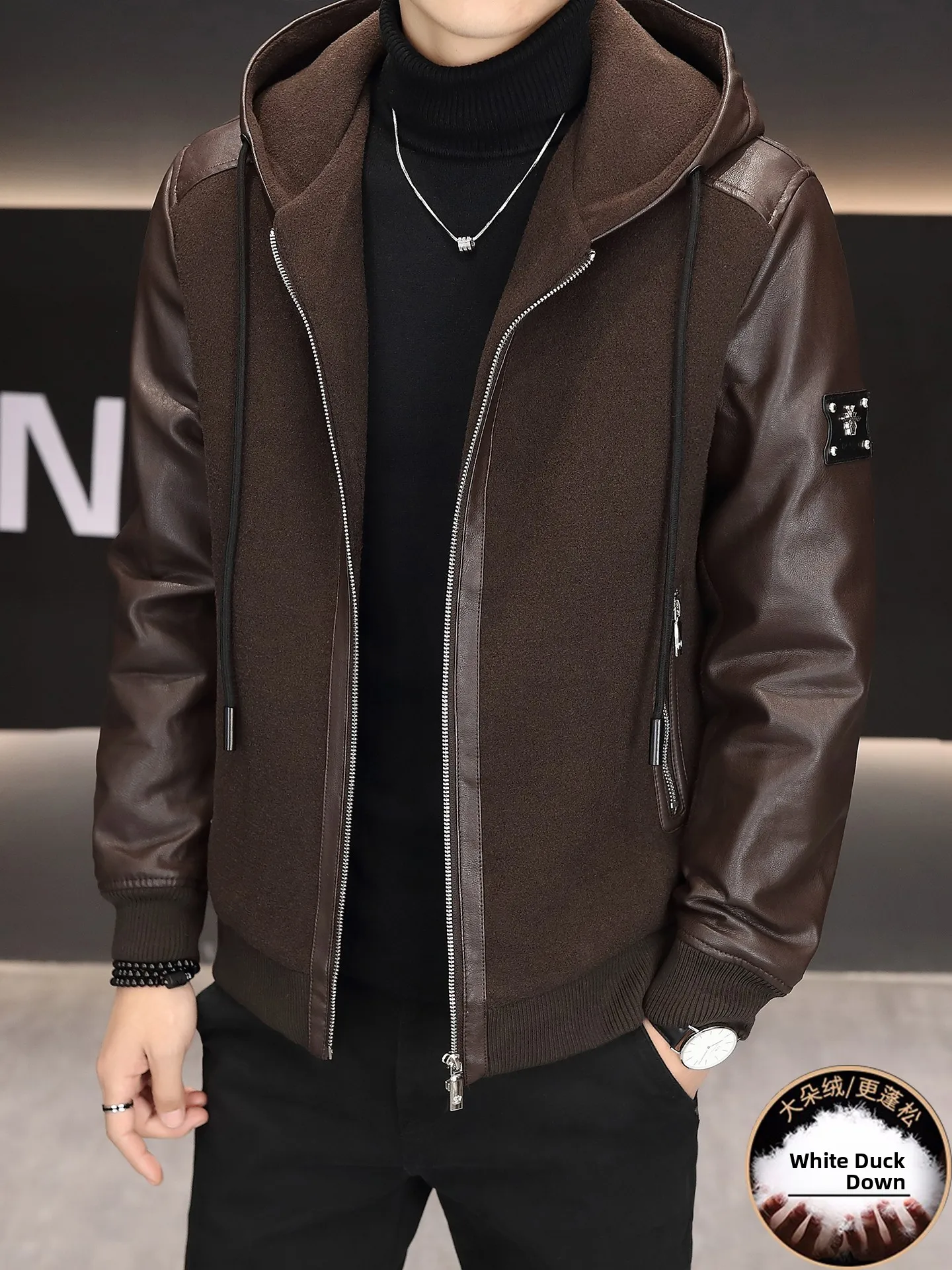 

Men's Padded Jaet Winter Thiened Warm Hooded Patchwork Leather Casual Sle Zipper Closure Long Sve Regular Fit Coat