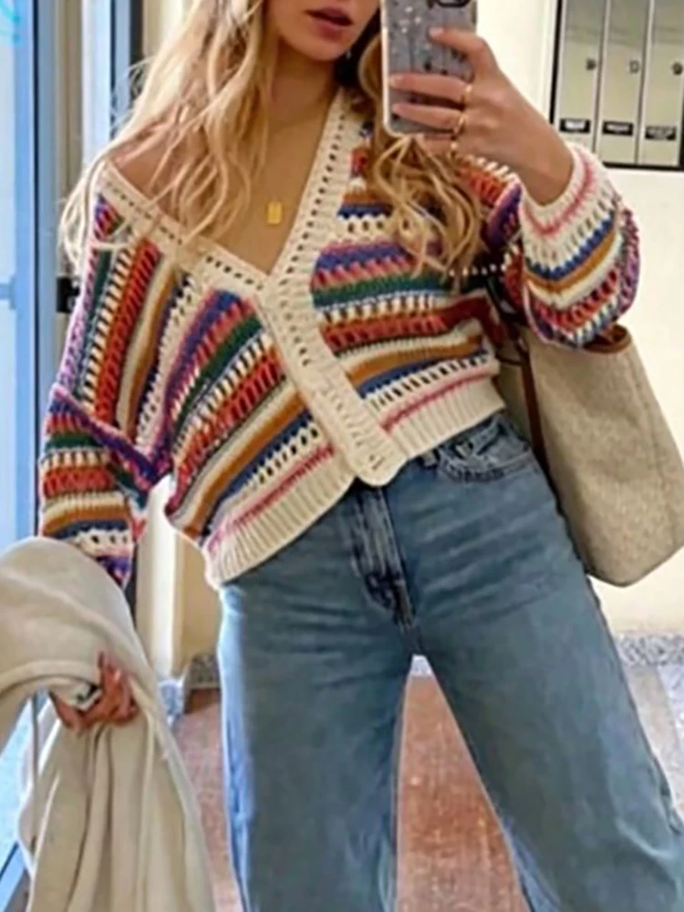 

Fashion Single Breasted Office Commuting Blouse‌ Unique Colorful Striped Hollow Cardigan Temperament Deep V-Neck Knitted Sweater