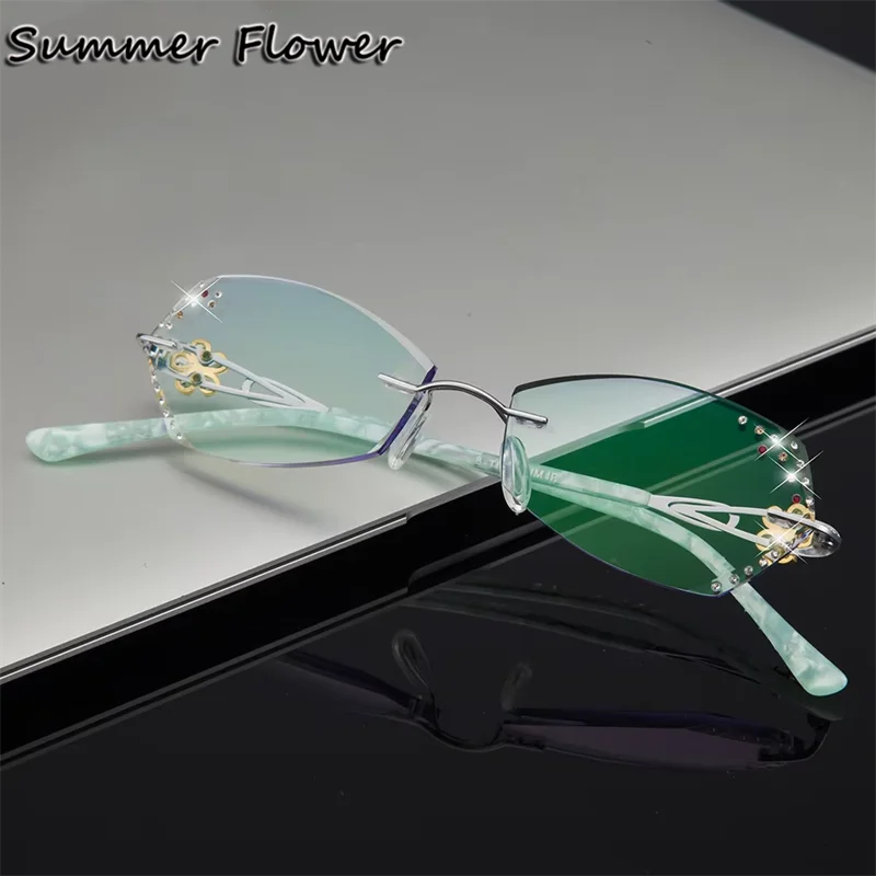 

Luxury Blue Purple Tint Lens Myopia Reading Glasses Diamond Cutting Rimless Titanium Frame Ultra Light Quality Spectacle Women