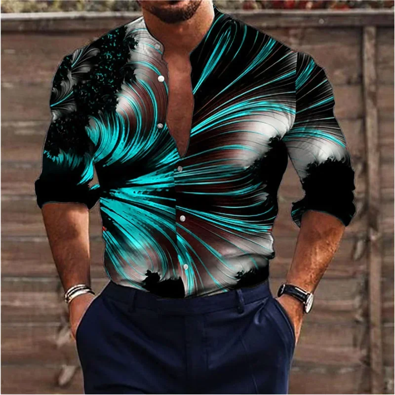 

2025 Men's Shirt Stand Collar 3D Printed Outdoor Street Long Sleeve Button Clothing Fashion Classic Breathable Comfortable 6XL