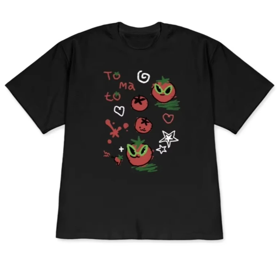 Colorful Hand Drawn Doodle Tomato Graphic T-Shirt, Cute Tomato Print Tee, Aesthetic Food Shirt for Women Men Casual Top Y2k
