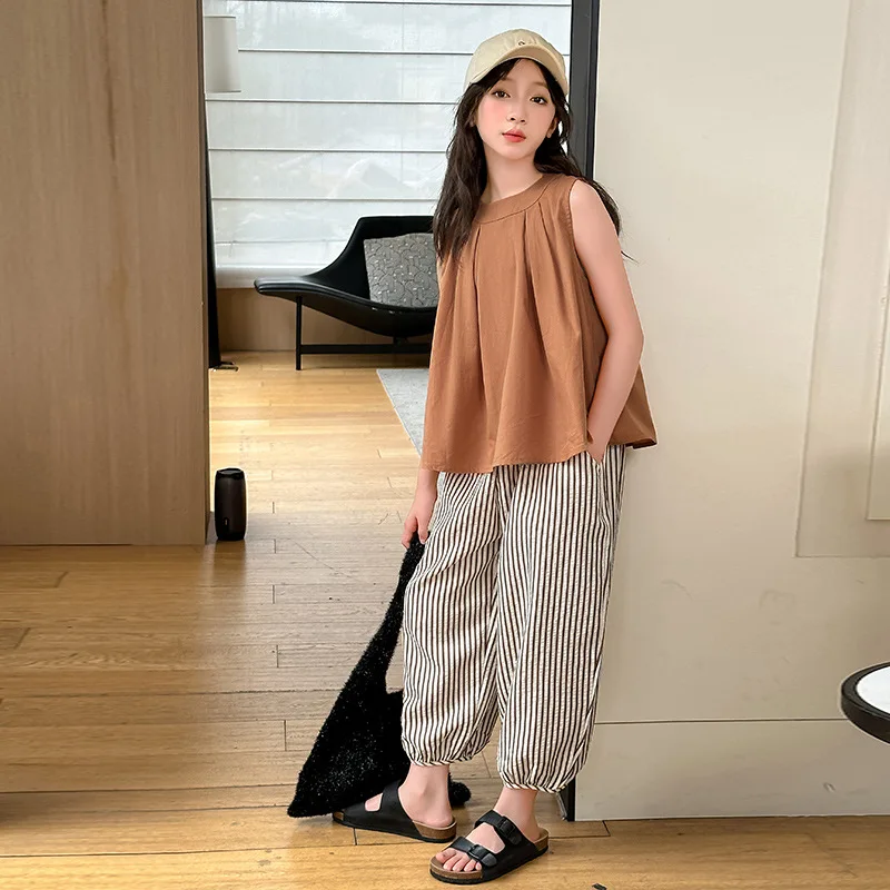 Girls Clothing Set 2025 Summer New Collection Sleeveless Top + Wide-Leg Striped Pants Trendy & Versatile Two-Piece Outfit Suit