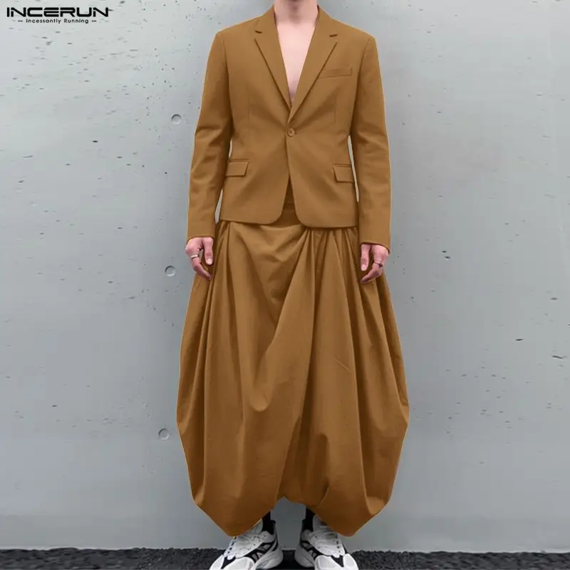 

Мужской костюм INCERUN: однотонный пиджак с отложным воротником и брюки со складками, комплект из двух предметов, уличный стиль, свободный крой, мода 2026 года