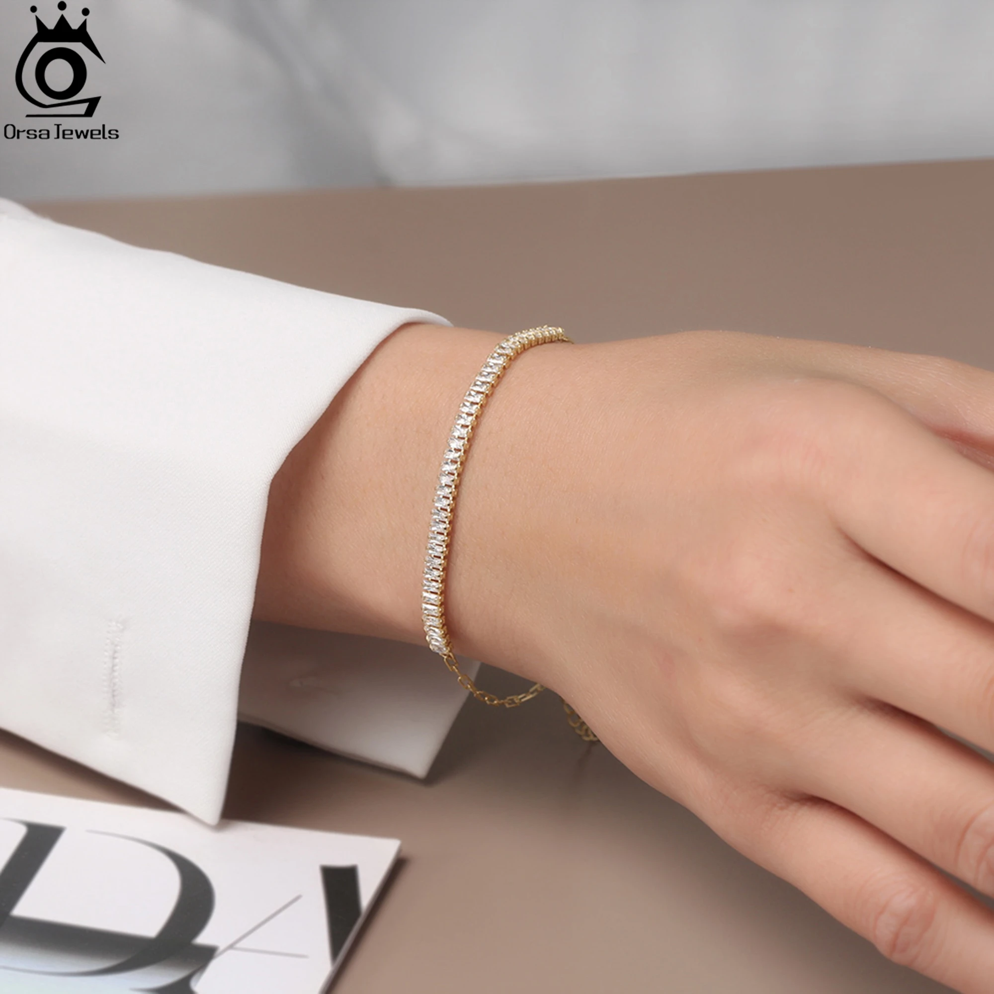 ORSA JEWELS 14K Gold 3.5*1.5mm Emerald Cut Sparkling 5A Cubic Zirconia With PaperClip Chain Tennis Bracelet Retro Present SB215