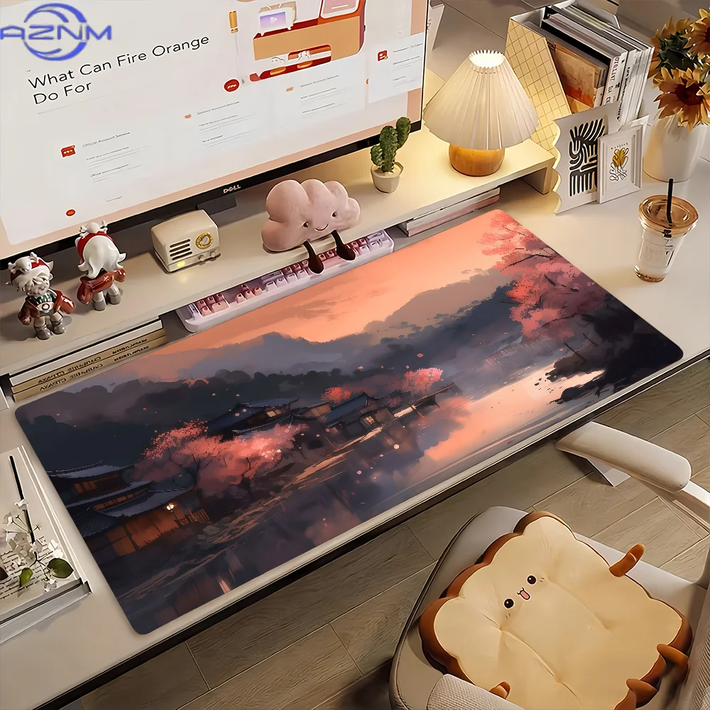Alfombrilla de ratón con diseño de paisaje japonés, antideslizante, con borde fijado, para escritorio, PC, portátil, accesorios