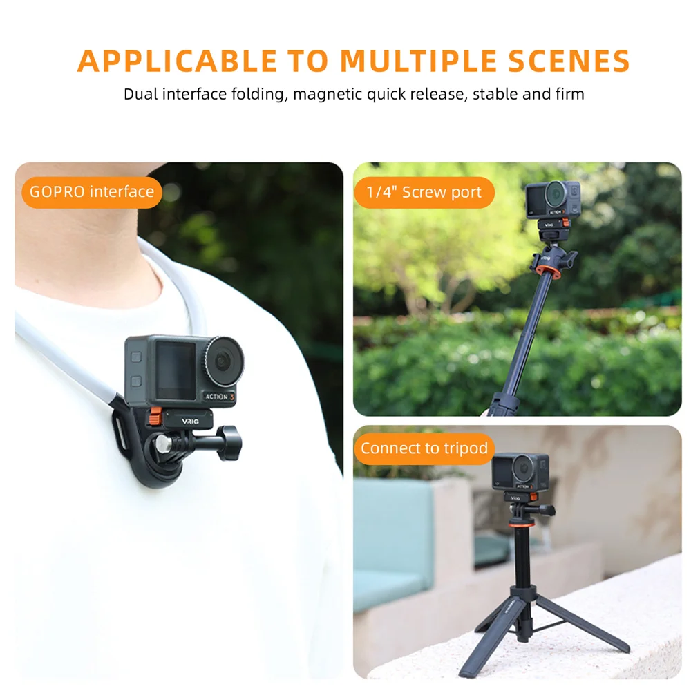 VRIG Kamera-Adapterbasis mit magnetischer Schnalle für DJI Action 3/4/5 Pro W 1/4 + GOPRO-Schnittstelle, faltbare Schnellverschluss-Zwei-Klauenhalterung