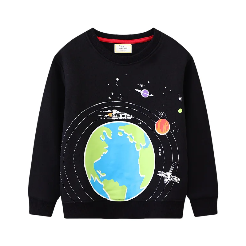 Boys Sweatshirts Luminous Cartoon Planets Rocket Printed Kids Clothes Long Sleeve Baby Hooded Sport Shirts Tops Pullover Shirts
