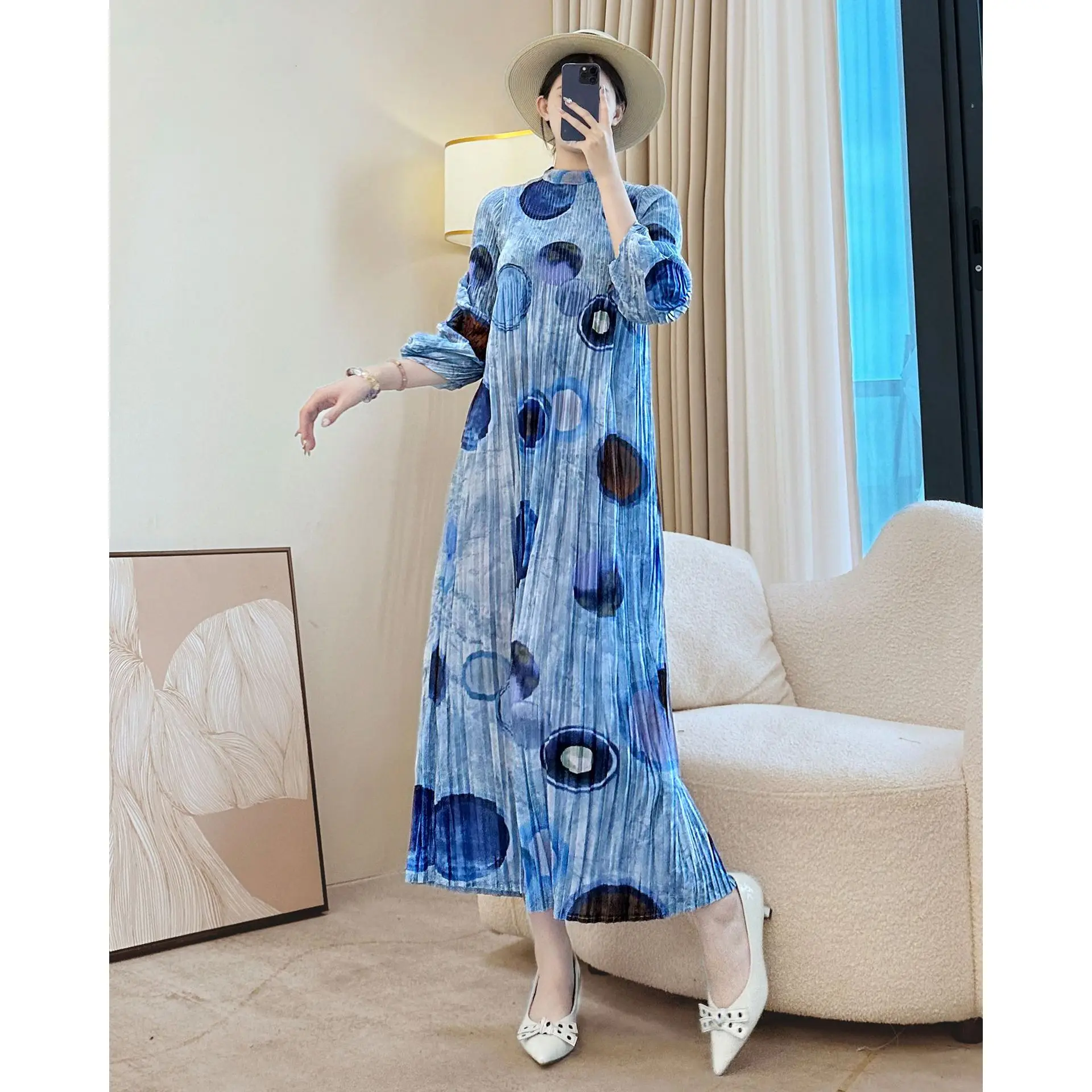 미야케 플리츠 도트 프린팅 여성용 3/4 소매 드레스 신축성 있는 루즈 스탠드 칼라 블루 여성 의류 시크 2025 신상