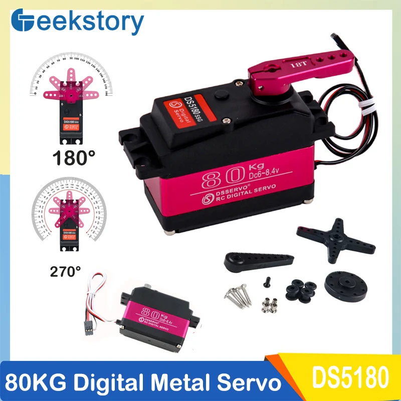 

DS5180 Waterproof IP66 Digital Servo 80KG 7.4V Motor Metal Robotic Servo 180/270 Degree High Torque with 18T Arm For RC Cars