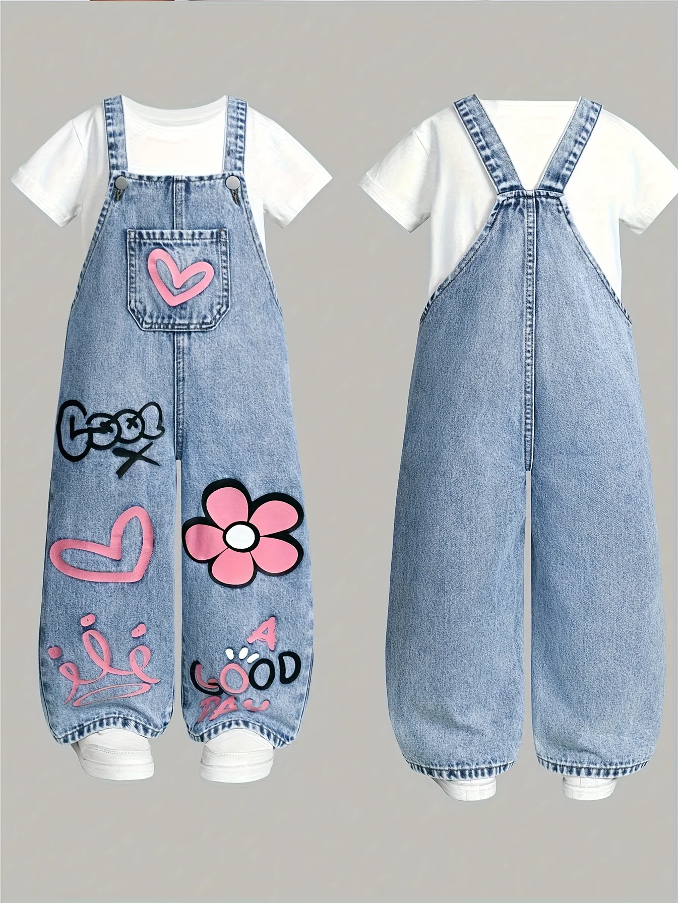 Pantalones con cordón de mezclilla streetwear Y2K informales y cómodos con estampado floral, en forma de corazón y arcoíris para niña.