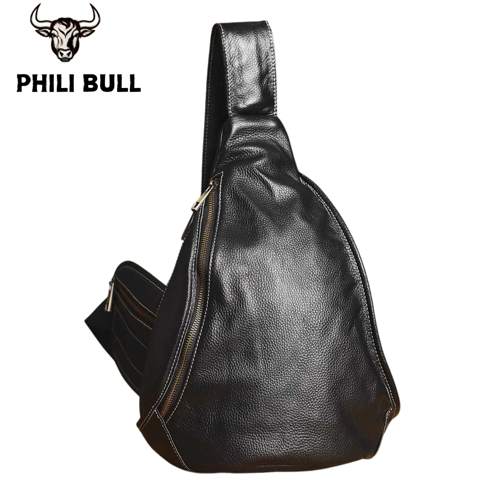 Phili Bull Genuine Leather Men\'s Chest Bag Messenger Bag Shoulder Bag Casual First Layer Cowhide Waist Bag Trendy Men\'s Bag