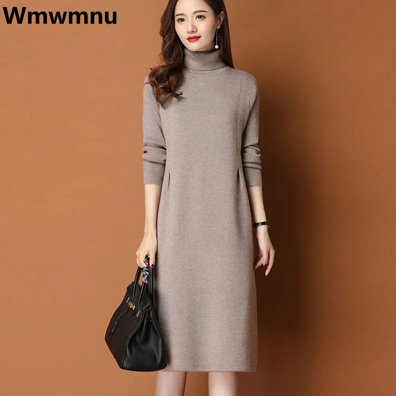 

Turtleneck Thick Elegant Knitted Dress Women Loose Sweater Dresses Fall Winter Casual Vestidos Warm Fashion Knee-length Elbise