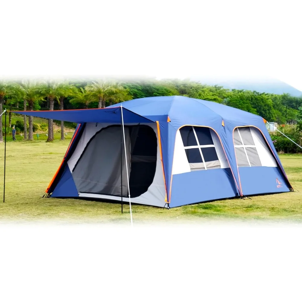

Extra Large 12 Person Family Cabin Tent with Awning 2 Rooms 4 Doors 4 Mesh Windows Straight Wall Waterproof Double Layer