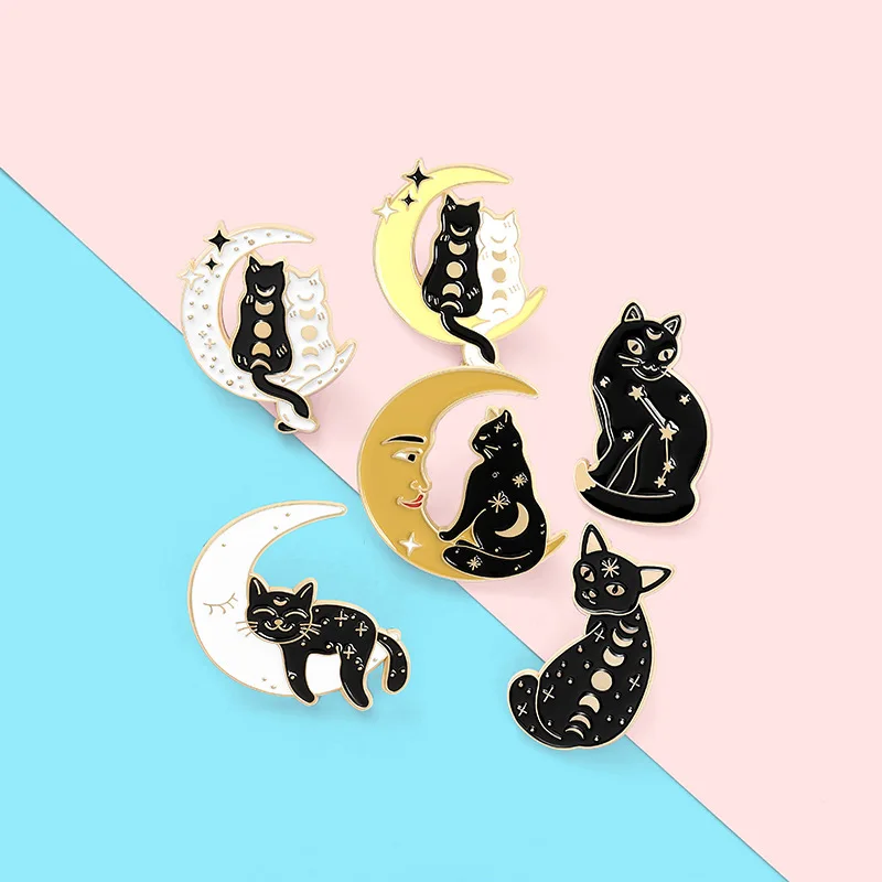 Creative Cartoon Animal Planet Moon Cat Enamel Pins Kitten Back Catch Fish Mask Cute Alloy Brooch Badge Fashion Woman Jewelry