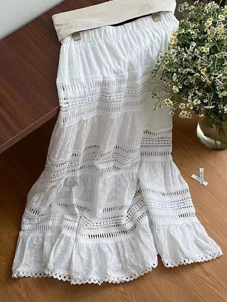 White Lace Bohemian Midi Skirt Women 2024 Spring/Summer Women's Vacation High Waist Long Skirt