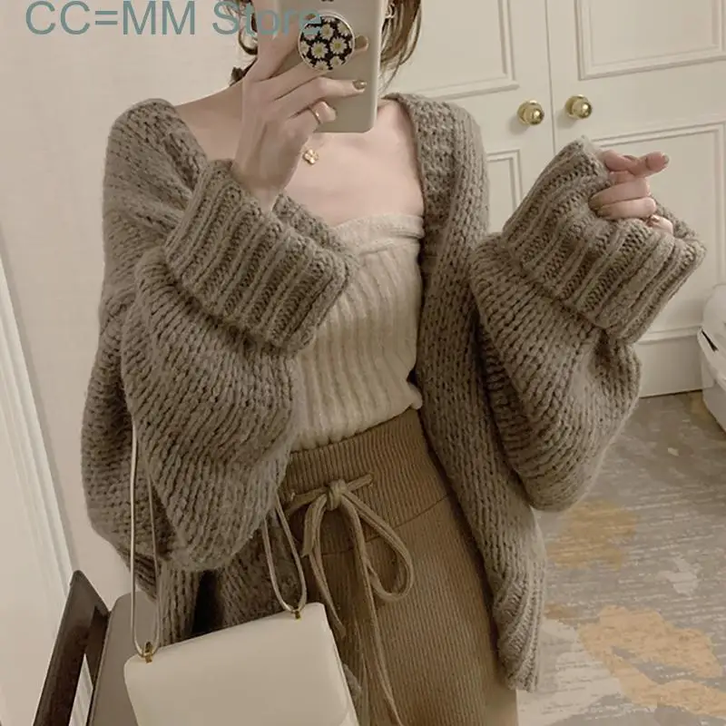 new Knitted Cardigan Sweater Women Spring Korean Fashion Loose Outwear Casual Mohair Jackets Pink Apricot Grey Coat