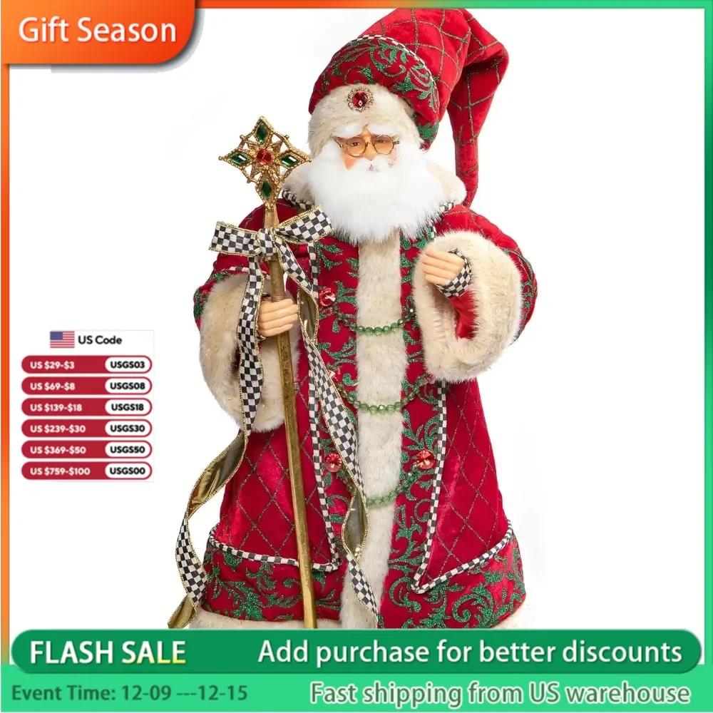 

Christmas Magic Santa Claus Statue,Wearing a patterned velvety red coat ,Home and Holiday Decorations.