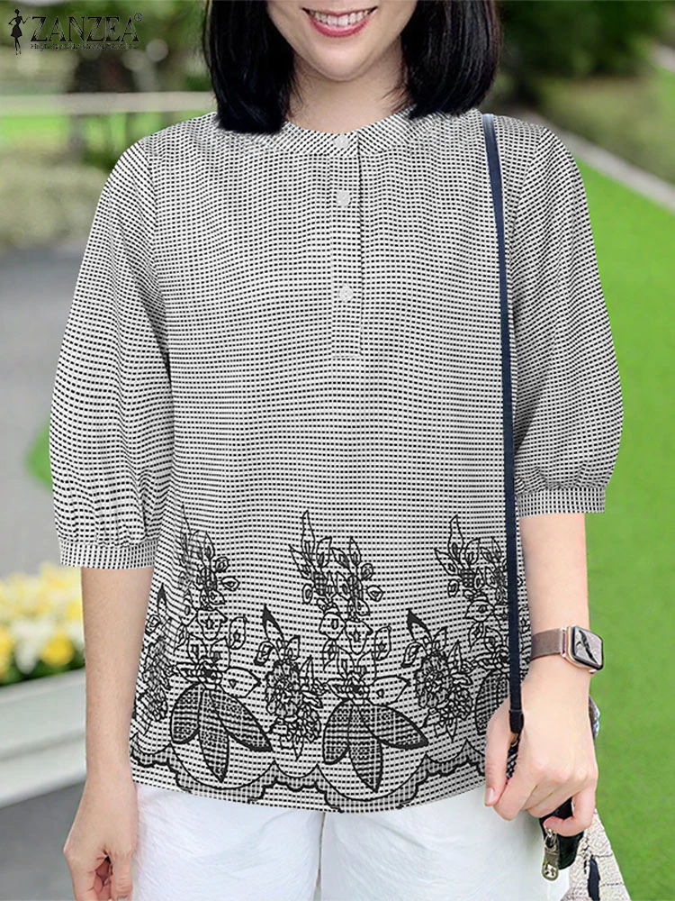 2025 ZANZEA Camicetta stampata a quadri estiva Donna Vintage Mezza manica Top Casual O Collo Lavoro Blusas Camicia da vacanza elegante femminile