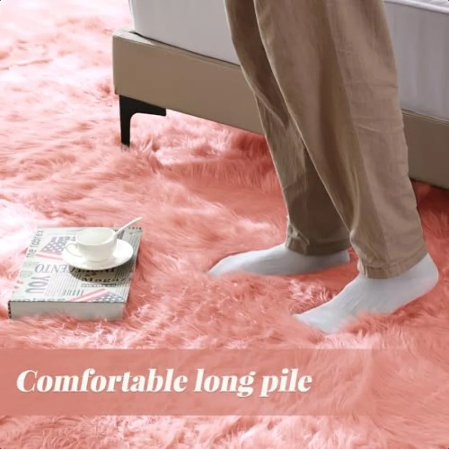 Pink Fluffy Sheepskin Fur Area Rugs for Bedroom Washable Furry Carpet Rug for Living Room Faux Fur Rug 2x3 Nursery