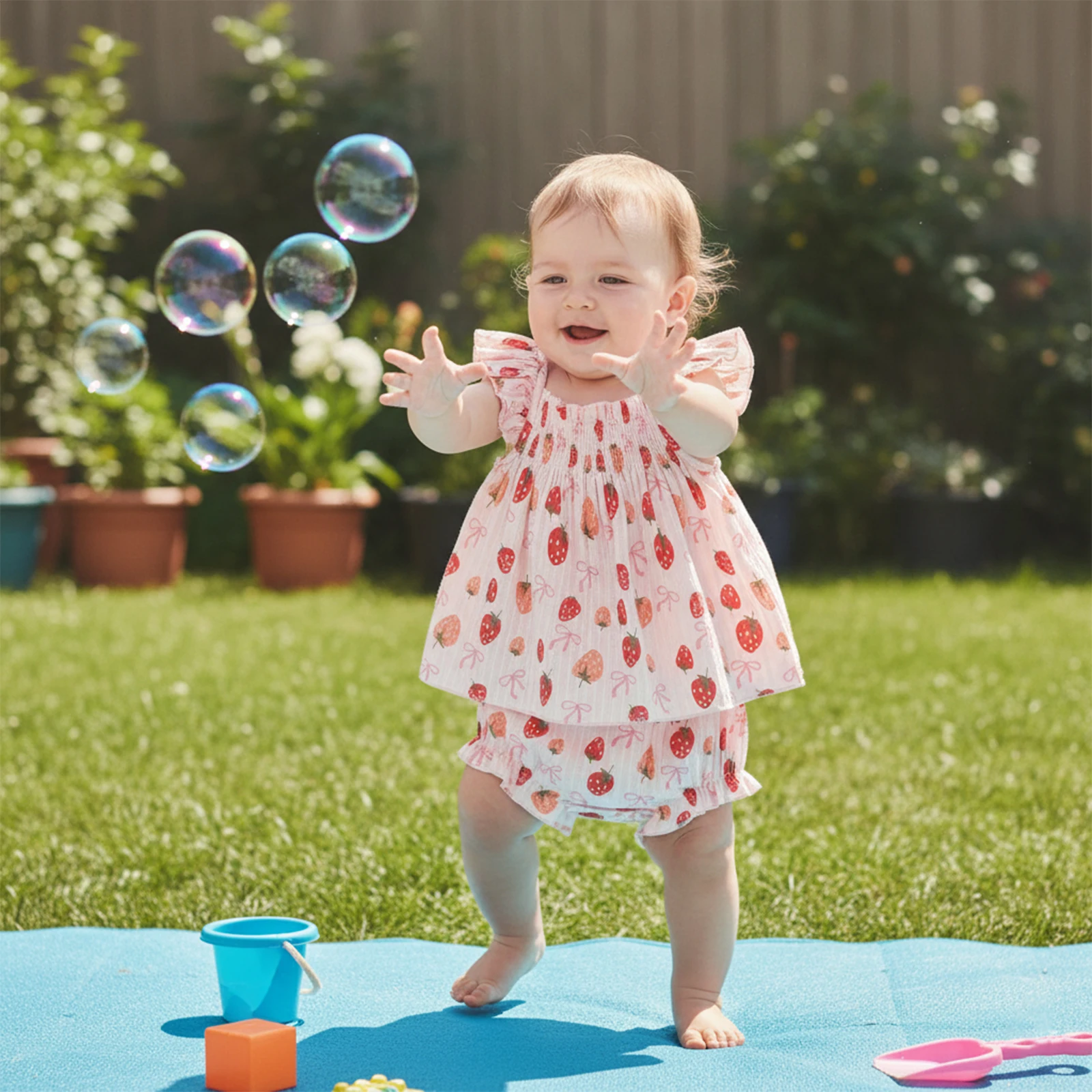 Toddler Girl Cute Summer 2Pcs Outfit Ruffled Fly Sleeve Square Collar Strawberry Bow Print Tops and Elastic Waist Shorts Set