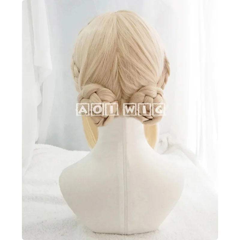2025 yiyi 바이올렛 에버가든 짧은 밝은 금발 땋은 머리 두 개의 번드로 된 내열성 헤어 코스프레 의상 + 무료 가발 캡