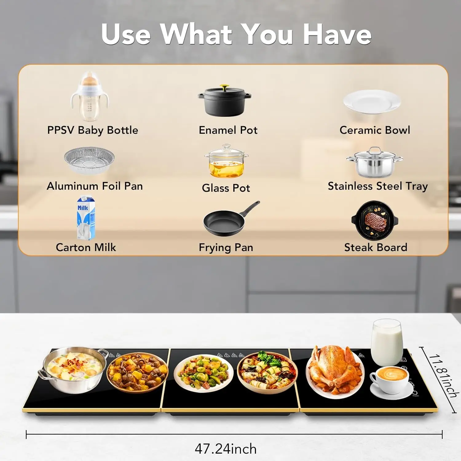 Electric Warming Tray with 47.24'' x 11.81'' Glass Surface, 3-in-1 Mat, 7 Temperature Settings & Timer view 6